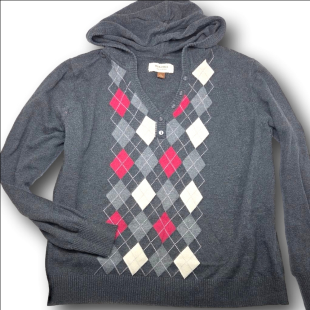 Women's Sonoma Gray Argyle Hooded V-Neck Sweater XL
